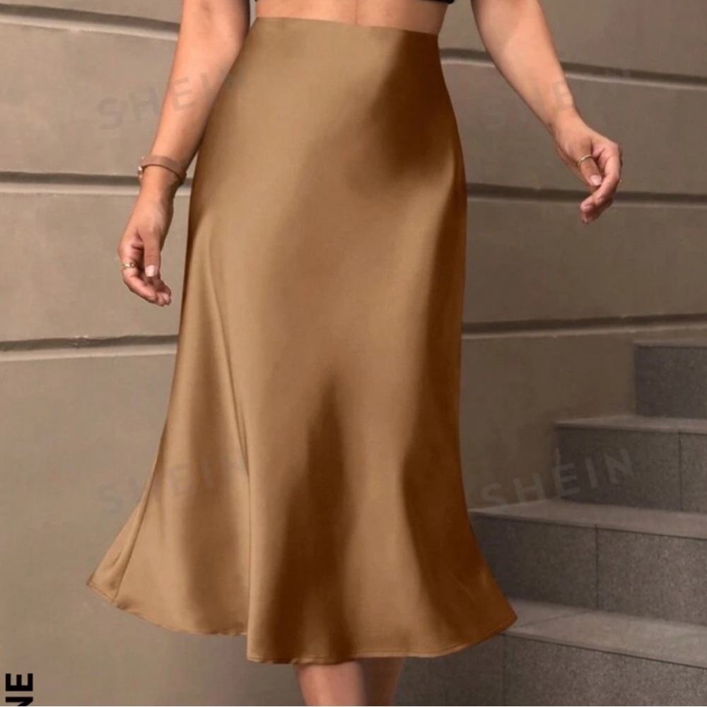 SHEIN Elegant Satin Champagne Gold Midi Skirt